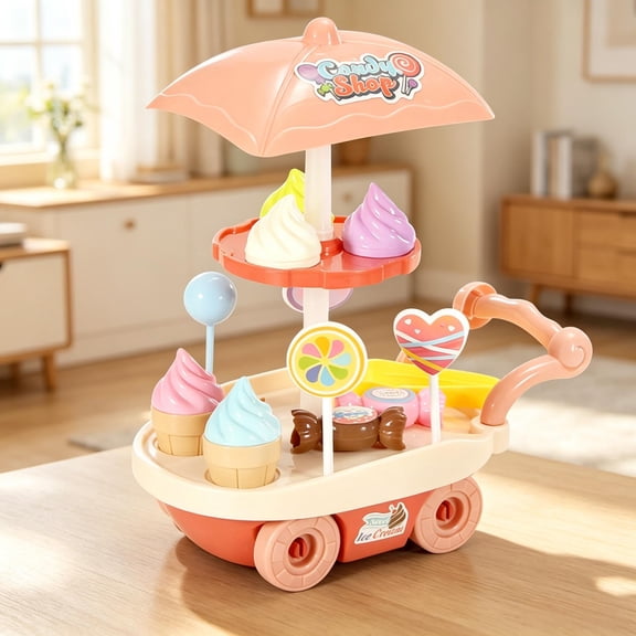 28Pcs Kids Mini Rolling Ice Cream Candy Cart Playset with Sunshade, Pretend Sweet Shop Trolley Toy, Vendor Role Play Educational Toy, Birthday Holiday Gift for Toddler Boys Girls Ages 3+