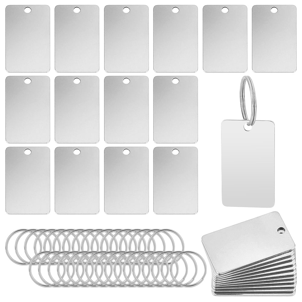 28Pcs Metal Engraving Blanks 1.8x1 Inch Rectangle Stainless Steel Stamping Blanks with Key Rings Round Blank Tags Metal Tags with Holes Stamping