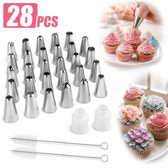 28Pcs Piping Tips SetStainless Steel Frosting Piping Kit with 24 Piping Tips, 2 Standard Icing Piping Tips Couplers, and 2 Cake Decorating Tips Brushes,Cake Decorating Tips Kit For Cookies Cupcake