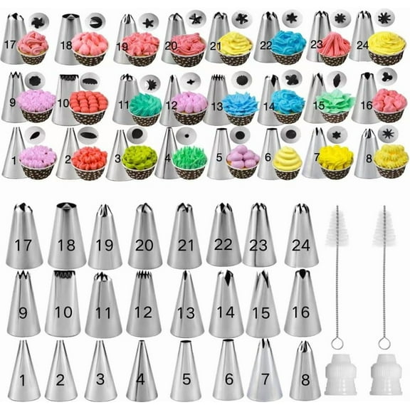 28Pcs Piping Tips SetStainless Steel Frosting Piping Kit with 24 Piping Tips, 2 Standard Icing Piping Tips Couplers, and 2 Cake Decorating Tips Brushes,Cake Decorating Tips Kit For Cookies Cupcake
