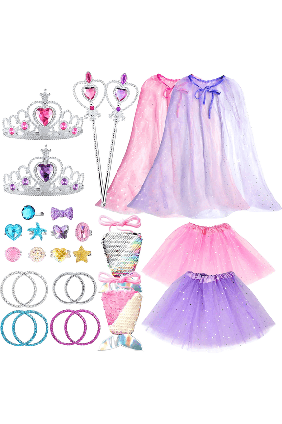 28Pcs Princess Pretend Jewelry Kit, with Cloak Ballet Tutu Skirts Crowns Wands Mermaid handbag Adjustable Rings Bracelets