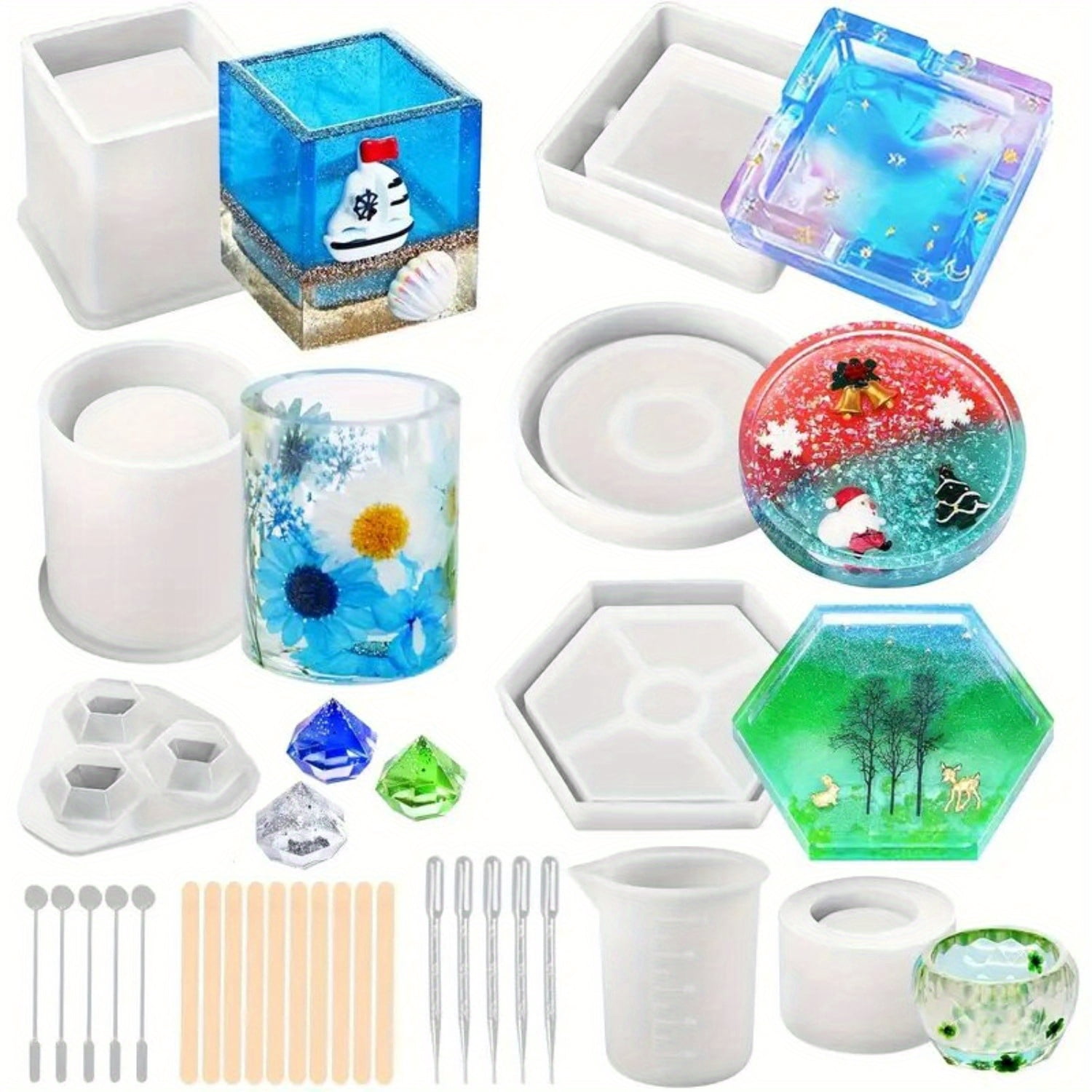 28Pcs Silicone Resin Molds Set, Multi-Shape Casting Molds for Epoxy Resin, Candles Making with Measuring Cup, Cube, Square, Round Molds - Silicone Molds for Home Decor