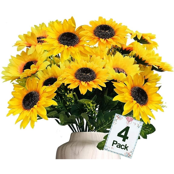 28Pcs Sunflowers Artificial Flowers Bulk Summer Decor, 4 Pack Fake Flowers Silk Faux Sunflower Bouquet Arrangement for Vase Wedding Table Home Porch Indoor Outdoor Cemetery Decorations