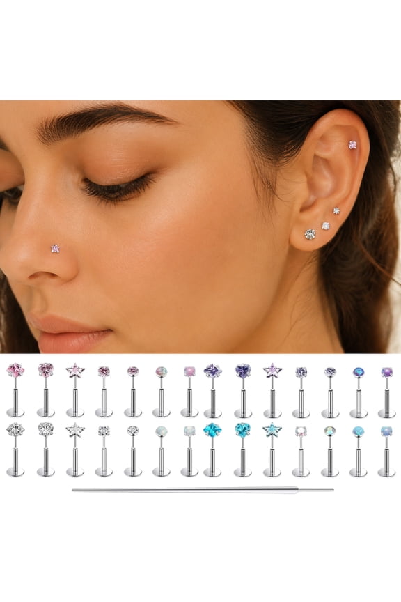 28Pcs Threadless Push In Nose Studs Stainless Steel Flat Back CZ Piercing Jewelry with Piercing Taper, Silver
