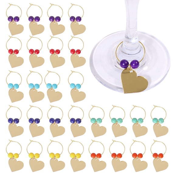 28Pcs Turquoise Wine Glass Charms Acrylic Heart with Brass Wine Glass Charms Ring Mixed Color 55mm