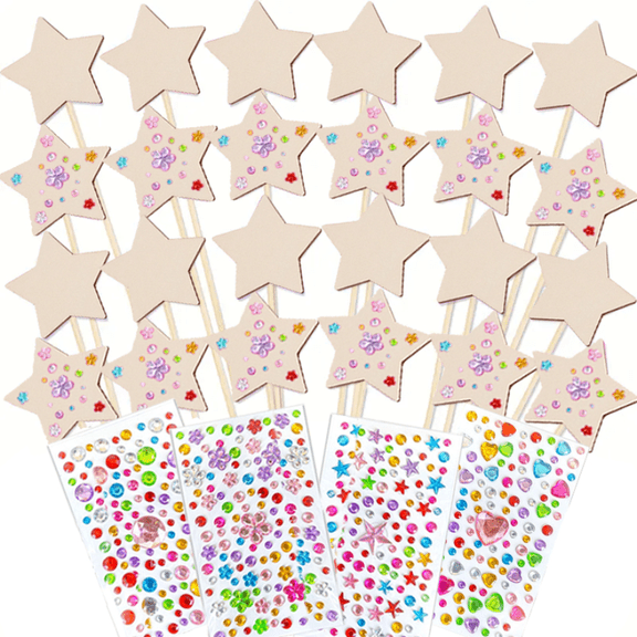 28Pcs Unfinished Star Fairy Wands and Crystal Patchwork Set, 24 Wooden Star Wands with 4 Crystal Patches for DIY Craft Projects, Themed Party Decorations, Creative Fun for Daily