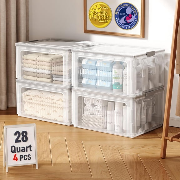 28QT Stackable Storage Bins with Lids, 4 Pack Plastic Collapsible Organizer Box, Foldable Clear Totes & Containers for Closet, Living Room, Garage, Straight Design Offers More Space