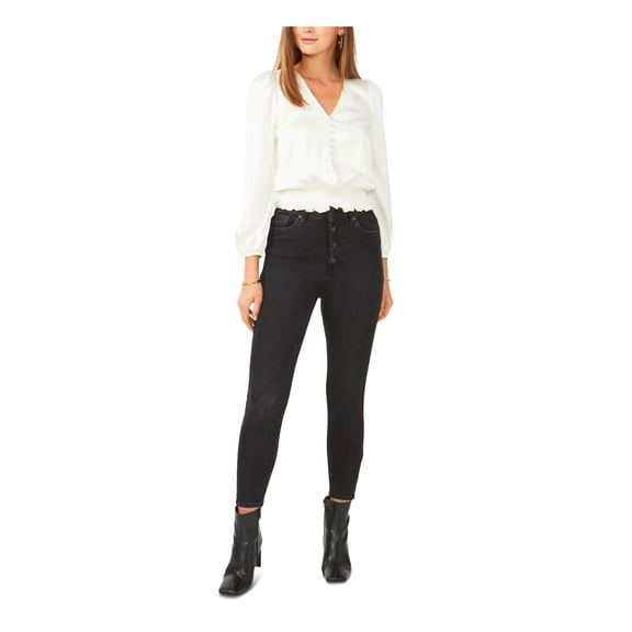 28TH & PARK Womens Ivory Smocked Rhinestone Buttons Long Sleeve V Neck Wear To Work Blouse L