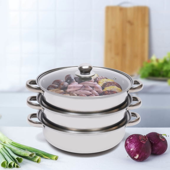 28cm 3-Tier Stainless Steel Steamer, Steam Pot with Glass Lid for Food Cooking