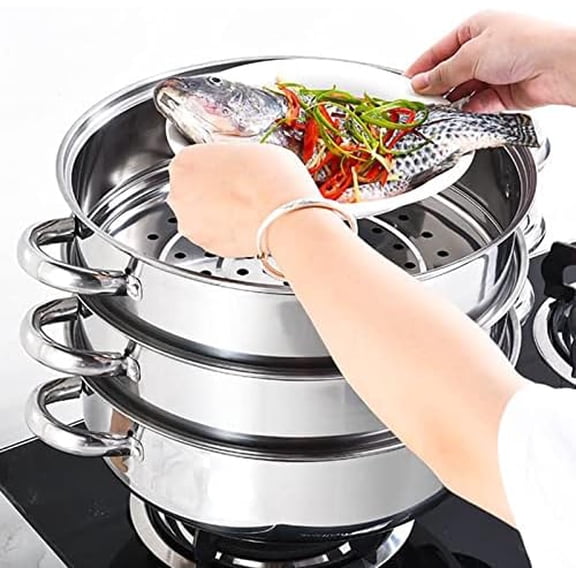 28cm Steamer Pot Stainless Steel Steamer for Cooking 3 Tier Steam Canner with Glass Lid Large Capacity Three-Layer Steamers for Gas, Electric, Induction and Halogen Stoves, Dishwasher Safe