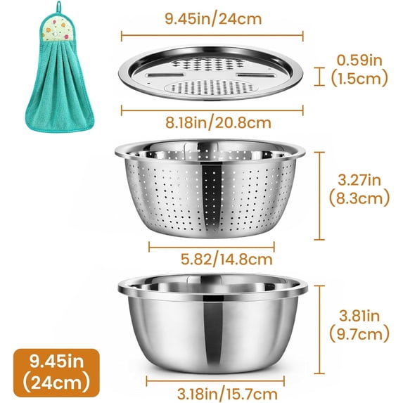 28cm bowl Large 3-Piece Stainless Steel Mixing Bowl Set with Colander Insert, Multifunctional Prep Bowl, Salad Spinner, Strainer and Grater for Kitchen, Extra Large 28cm Diameter Bowl