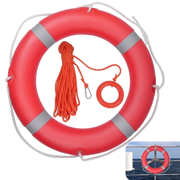 28in Boat Safety Throw Ring, 5.5lb Standard Life Ring with 98.4ft Water Floating Lifesaving Rope Set, Outdoor Professional Throwing Ring with Reflective Strips