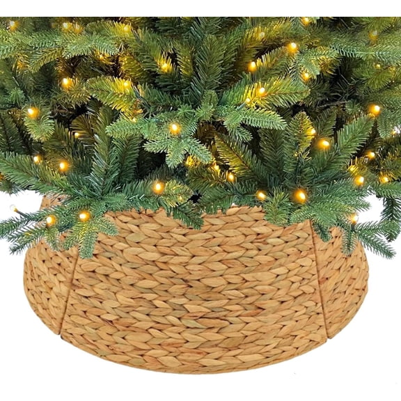 28in Christmas Wicker Tree Skirt Tree Collar, Woven Hyacinth Stand Base Cover for Artificial Trees, Rattan Rustic Farmhouse Basket for Tree Base Cover with Cord Cut-Out Holiday Home Decor