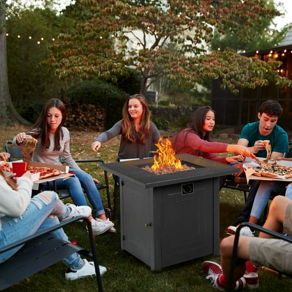 28in Gas Fire Pit Table, 40000 BTU Outdoor Wicker Propane Firepit with Protective Lid, Gas Firepit with Volcanic Stone, Gas Fire Pits for Outside Deck Garden Backyard