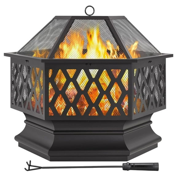 28in Hex Shaped Fire Bowl - Large Wood Burning Outdoor with Screen & for , Picnic, BBQ Black 28"
