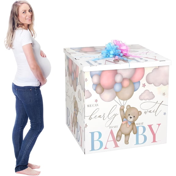 28in Jumbo Gender Reveal Gift Box Kit with Oversized Box Giant Pull Bows for Gender Reveal Baby Shower Birthday Party Decor(We Can Bearly Wait)