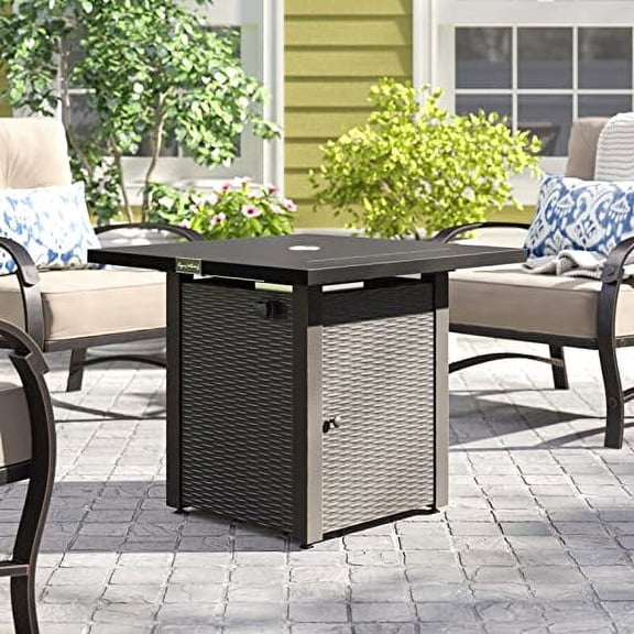 28in Propane Fire Pit Gas Fire Pit Table with Lid, 50,000 BTU with Lava Rocks for Outside Garden Backyard Deck Patio Black