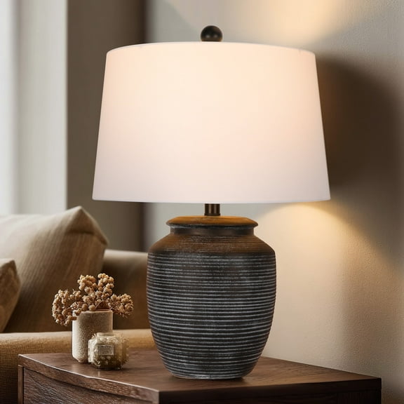 28in Rustic Ceramic Pot Table Lamp for Bedroom Living Room Dining Home Office Entryway, Black