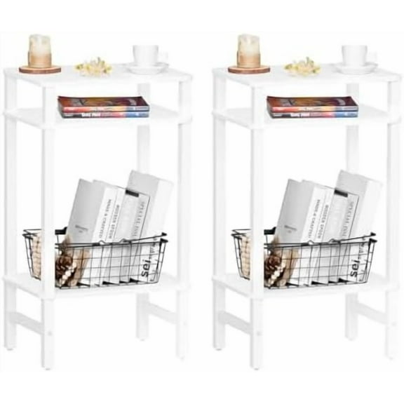 28in Tall Side Table Set of 2, 3-Tier Small Narrow End Table for Couch, Skinny Nightstand for Small Space, Farmhouse Slim Night Stand with Storage, Wooden Frame Thin Bedside Table, White