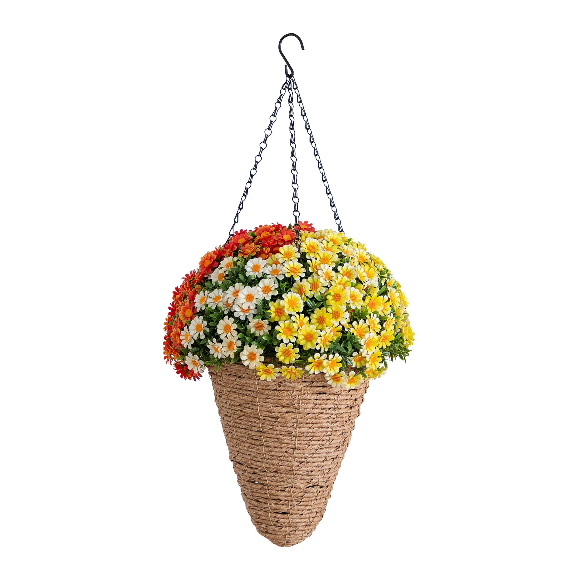 28in. UV Resistant Autumn Artificial Fall Mixed Daisy in Cone Hanging Basket (Indoor/Outdoor)