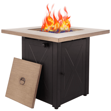 28inch 48,000 BTU Square Outdside Propane Patio Firetable,Outdoor Gas Fire Pit Table, ETL Certification, Bionic Wood Grain Lid, for Backyard, Garden, Party, Deck, Courtyard