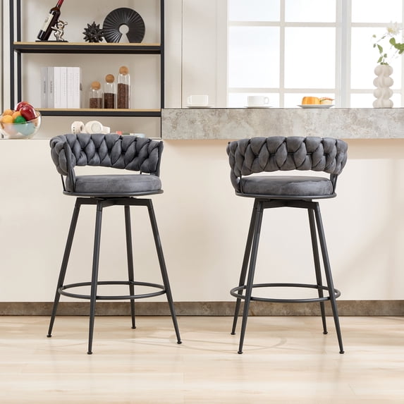 28inch Bar Stools Set of 2, Counter Height Bar Stools, 360°Swivel Suede Fabric Stool Chairs with Woven Back and Footrest for Kitchen Island, Cafe, Pub, Bar Counter