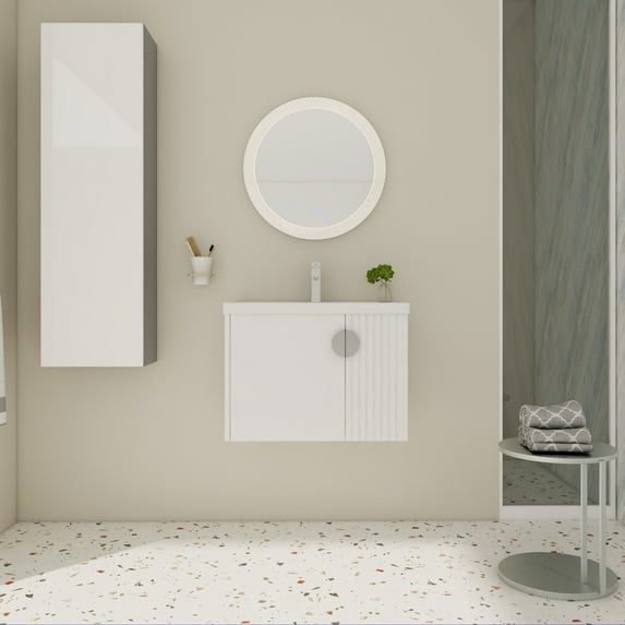 28inch Wall Mount Bathroom Vanity with Sink Combo, Modern Bathroom Cabinet with Ceramic Countertop & Double Soft-Close Doors, Floating Vanity and Sink Set with 3 Colors Metal Handle, White