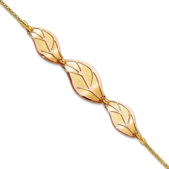 28mm 14k Solid Gold Two-tone Rose and Yellow Polished Brushed Leaf With 1.5inch Extension Bracelet 7.5 Inch Link Bracele