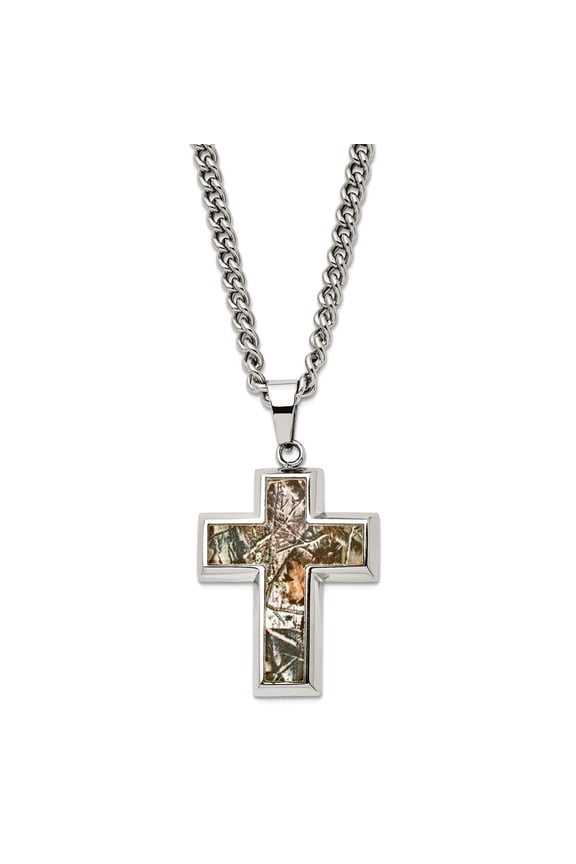 28mm Stainless Steel Polished Printed Hunting Camo Under Rubber Religious Faith Cross Pendant a Curb Chain Necklace 24 I