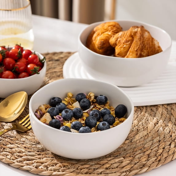 28oz Large Ceramic Soup Bowls Set of 4, Matte White with Wavy Rim, Oven, Microwave & Dishwasher Safe
