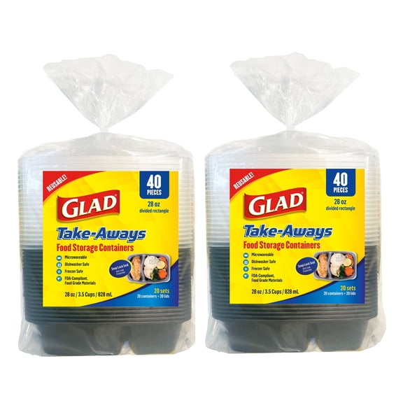Glad Take-Aways Food Storage Containers, 28oz Divided Rectangle, 80 piece, 2 bags of 40 pieces