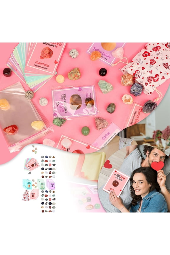 28pc Natural Gemstone Gift - Assorted Gemstones in Gift Box for Parents Couples, Valentine's Birthday Anniversary Gift, Good Luck Charm Collection Valentines Day Gifts Valentines Day Card