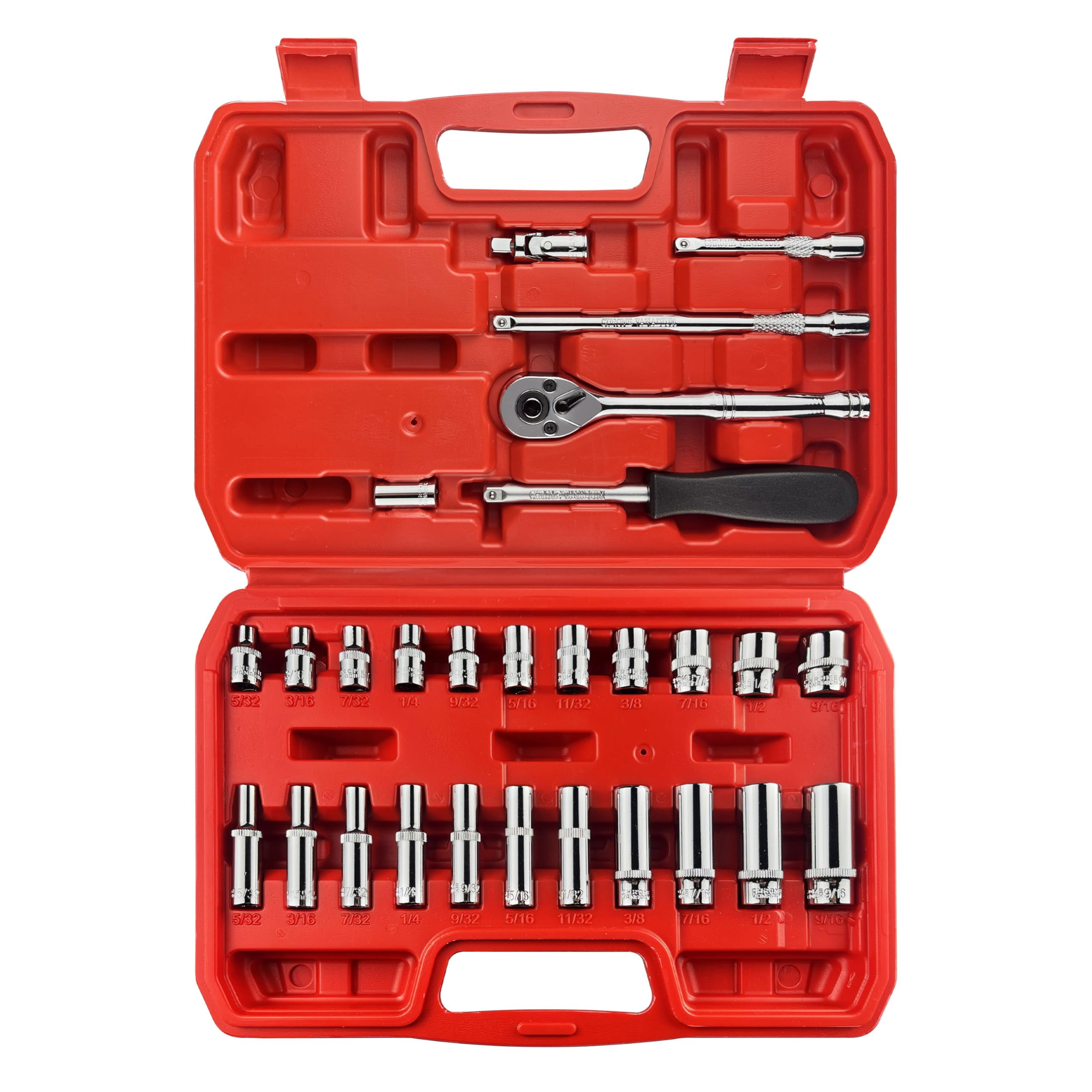 28pcs 1/4" Drive Impact Socket Set Master Sae  Deep&shallow With Universal Joint Extension Bar Ratchet Wrench Hex Bit Holder Spinner Handle 6 Point Cr-v Steel Mirror Chrome