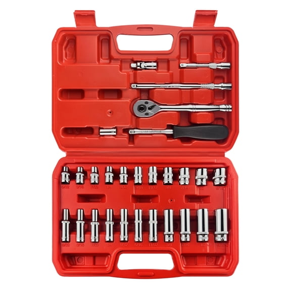 28pcs 1/4" Drive Impact Socket Set Master Sae Deep&shallow With Universal Joint Extension Bar Ratchet Wrench Hex Bit Holder Spinner Handle 6 Point Cr-v Steel Mirror Chrome