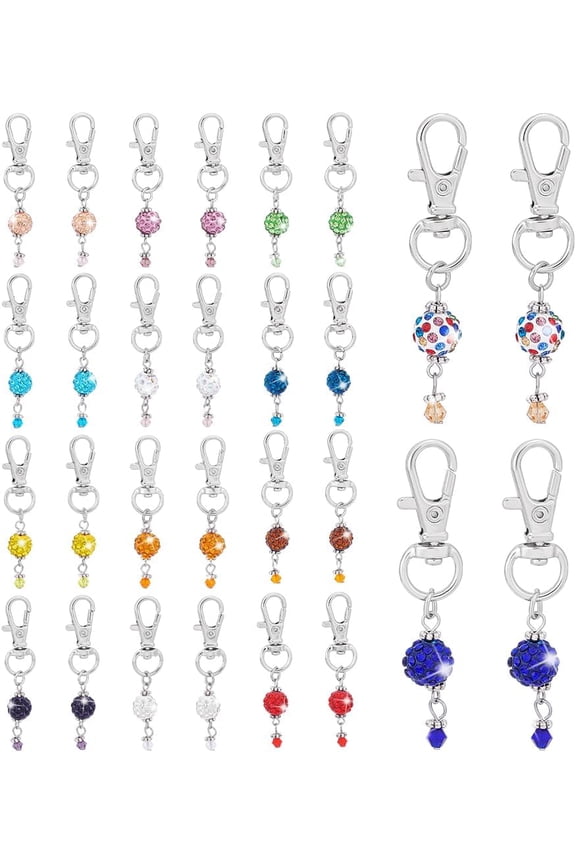 28pcs 14 Colors Keychain Charms Zipper Pull Charms Rhinestone Clay Beads Pendant Disco Ball Dangle Pendant Decorative Charms with Lobster Clasp