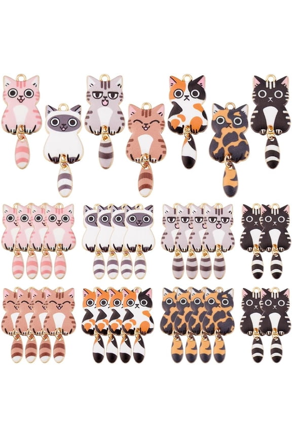 28pcs 7 Colors Enamel Cat Charms with Swinging Tails Cute Kitten Pendants Animal Pet Dangle Charms Alloy Enamel Pendants