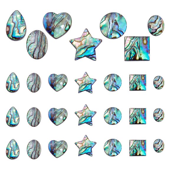 28pcs 7 Styles Resin Cabochons Natural Paua Shell Epoxy Abalone Shell Beads Shell Cabochons Half Round Heart Seashell Beads for Bracelet Necklace Earring Jewelry Making DIY Craft
