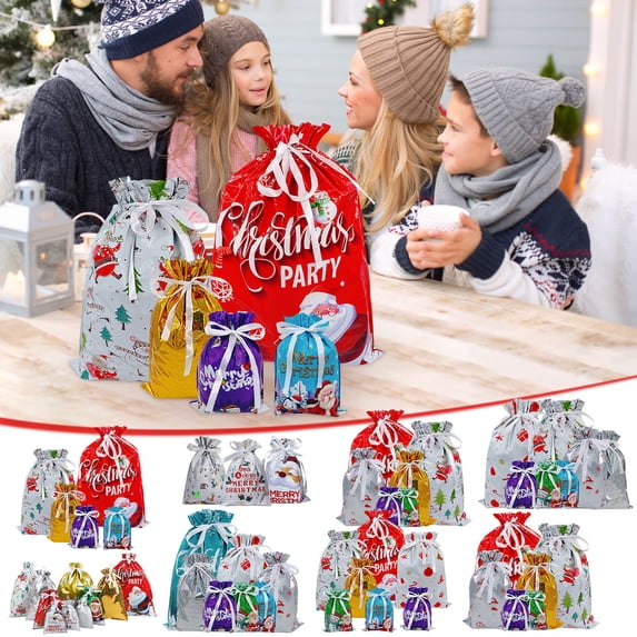 28pcs Christmas Drawstring Gift Bag Set - Festive Storage & Packaging Bags for Holiday Gifts, Durable Fabric Material, Easy to Use, Perfect for Parties & Family Gifting, F