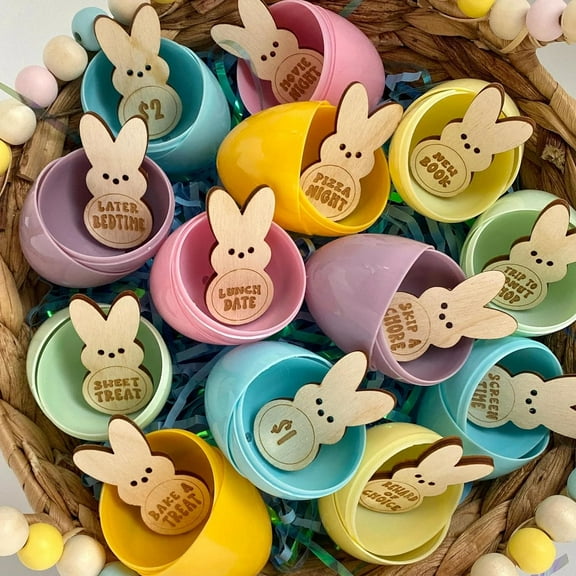 28pcs Easter Reward Bunny Tokens for Egg Hunt, Wooden Easter Decoration Basket Fillers with Engraved Sayings and DIY Blank Tokens (with EGG)