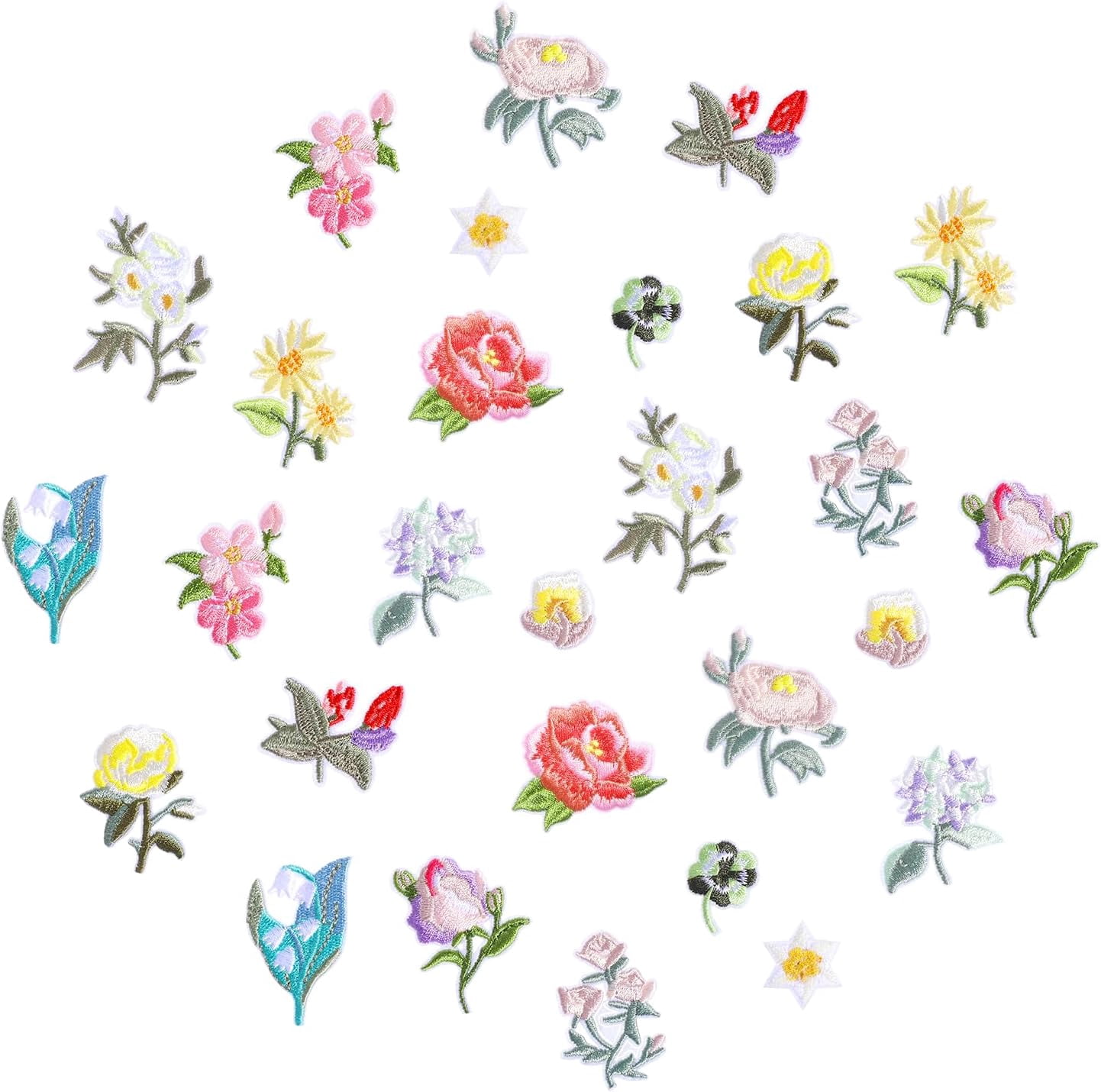 28pcs Mini Flowers Iron On Patches, 14 Patterns Decorative Embroidered Patches Rose Flower Clothing Sewing Patch Cute Small Floral Embroidered Appliques for Clothes Hats Jeans Jacket