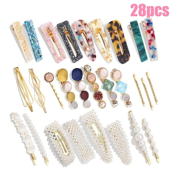 28pcs Pearl Hair Clips for Women, Handmade Acrylic Resin Hair Barrettes, Alligator Bobby Pins for Girls