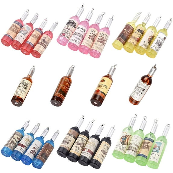 28pcs Resin Wine Bottle Charms Large Wine Bottles Label Random Charms Small Lifelike Pendants Earring Necklace Keychain Dangles DIY