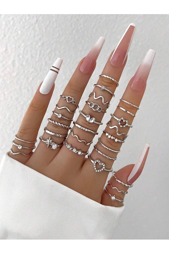 28pcs Silver Tone Crystal Heart & Geometric Design Ring Set For Women