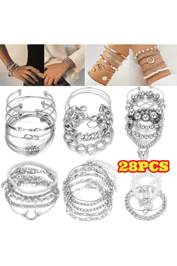 28pcs Sliver Chain Bracelets Set, Multiple Layered Stackable Open Cuff Wrap Bangle Adjustable Link Cuban Jewelry for Women