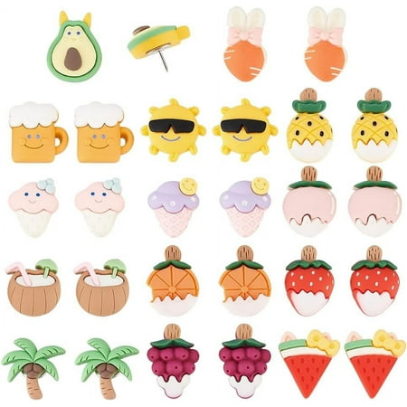 28pcs Summer Theme Thumbtacks 14Styles Push Pins Decorative Thumb Tacks Wall Pins Mini Thumbtacks Ice Cream Watermelon Tree Stick Pins