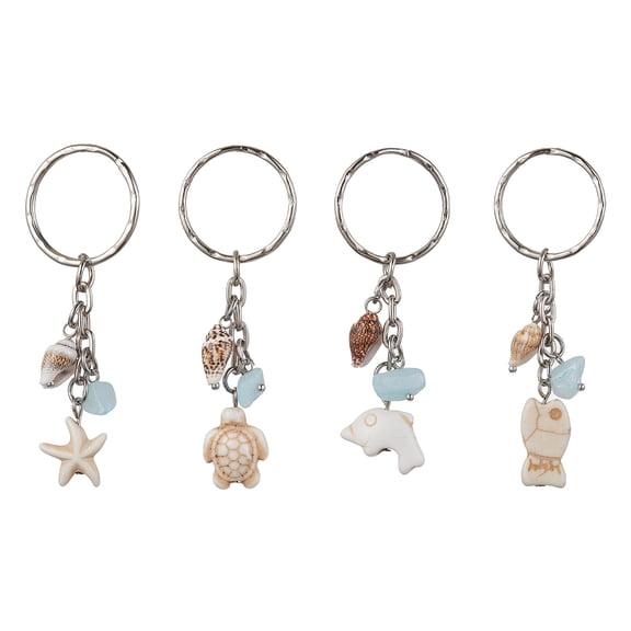 28pcs Turquoise & Shell Keychain with Iron Split Key Rings Starfish/Sea Turtle/Fish/Dolphin 7~7.6cm