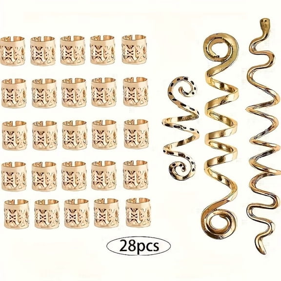 28pcs Viking Celtic Knot Hair Accessories - Antique Ethnic Style Spiral Bead Rings for Long Hair