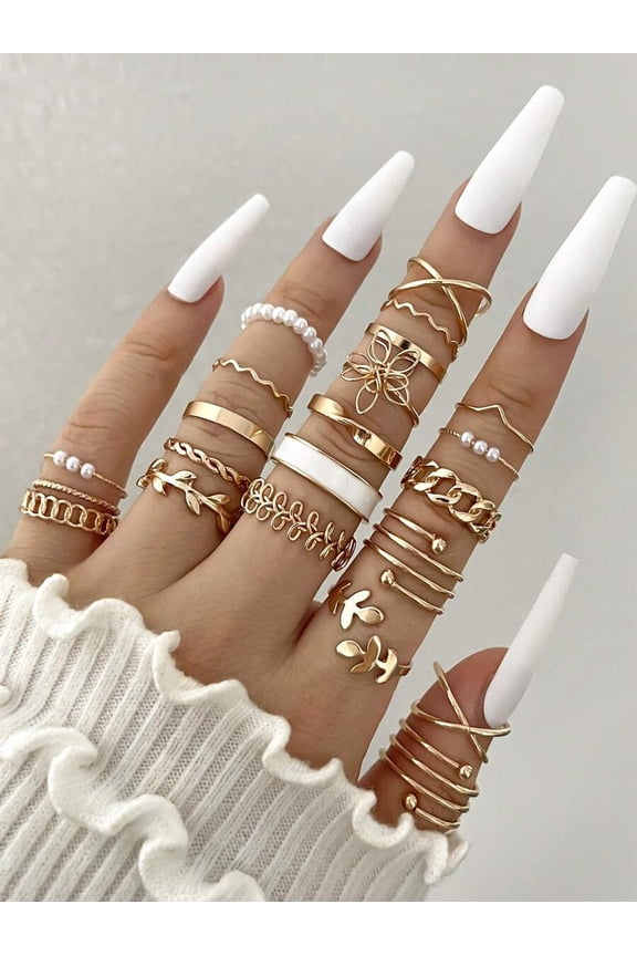 28pcs Yellow Gold Tone Fashion Ring Set With Pearl & Geometric Designs For Women