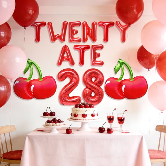 28th Birthday Decorations Set - TWENTY ATE Theme with Cherry Balloons for Sweet Retro Party Celebrations