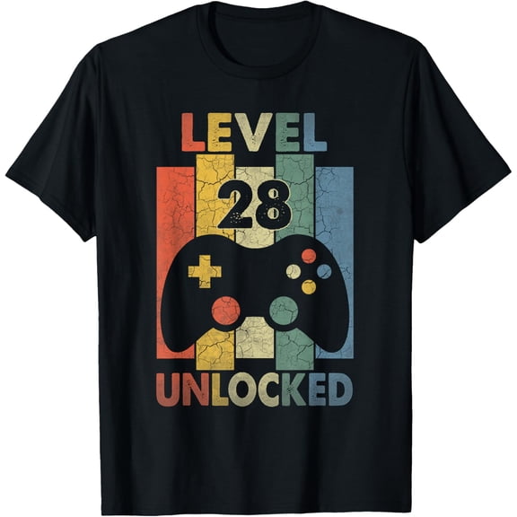 28th Birthday Gifts Men Level 28 Unlocked Funny Video Gamer T-Shirt100% cotton